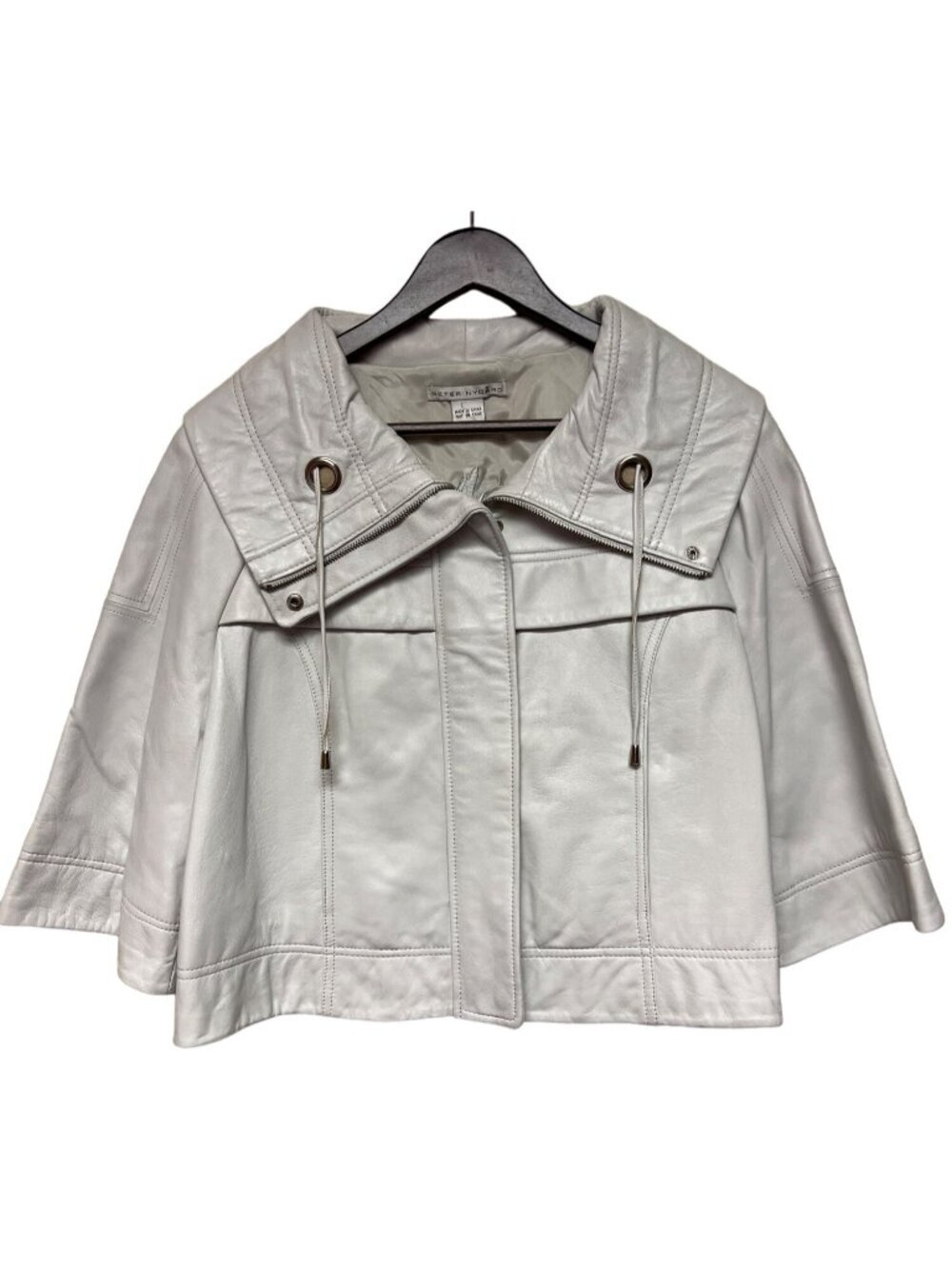 Peter Nygard Genuine Leather Jacket Womens 10 Gray Ivory 3/4 Sleeve Zip Y2K Fall